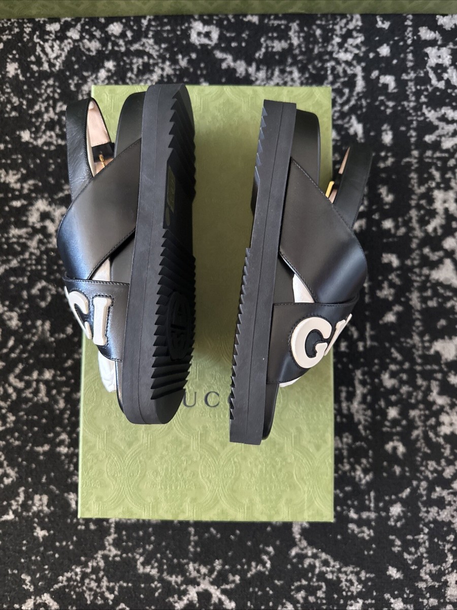 New Auth Gucci Leather Letter Logo White Black Crossover Slide