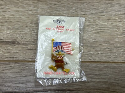 Vintage 1984 Summer Olympic Games 3D Sam the Eagle Flag Welcome & Flame Pin New