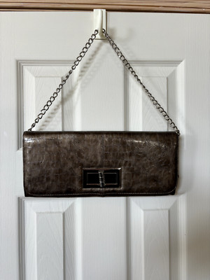 Flat Clutch Purse with Faux Snake Skin Print Lulu Townsend Turn Lock Chain Strap