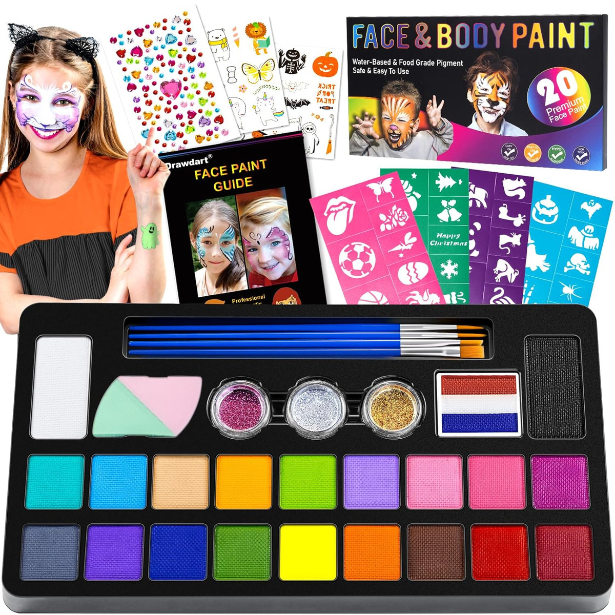 Face Painting Kit for Kids - 20 Colors Water Based Non Toxic Face Paint Kit