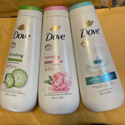 3 Assorted Dove Body Wash Women, 20oz Each, Peony, Cucumber, & Antibacterial