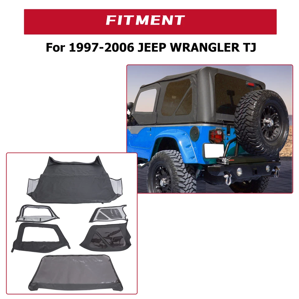 For 1997-2006 Jeep Wrangler TJ Premium Front & Rear Soft Top + Upper Skins 6pcs - Image 3 of 4