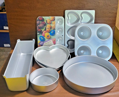 Vintage Wilton Cake Aluminum  Pan Lot of 8 Pans Heart, Round, Egg, Long, Holiday