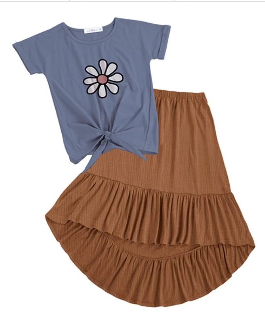 Trend Blossoms | Blue Knot-Front Tee&Brown Crinkle Hi-Low Kids Skirt | Size 18