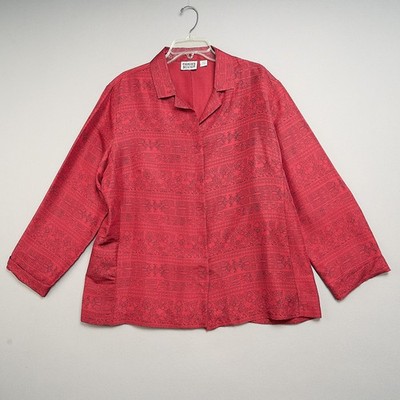 CHICO'S Design Shirt Red Black Silk Button Up Long Sleeve Blouse Sz 3 Large