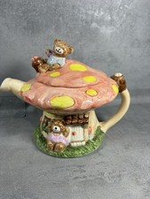 Whimsical Teddy Bear Picnic Mushroom House Ceramic Novelty Collectible Teapot