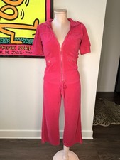 Vintage Y2K Juicy Couture Hot Pink Terry Tracksuit 2 Pc Set Hoodie Capri Pants S