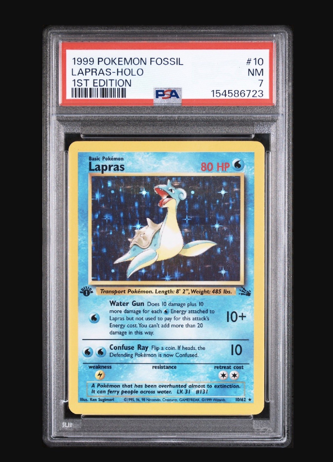 Pokemon Card - PSA 7 1st Edition Lapras 10/62 - Fossil Set Holo - NM