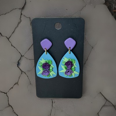 Handmade Polymer Clay Earrings Vintage Look, Flowers, Purple/Blue.   #EAR208