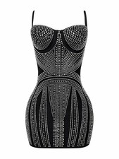 Hot & Delicious Black Rhinestone Bodycon Mini Dress Spaghetti Strap Club Party