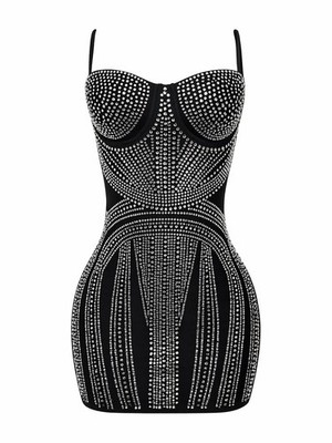 Hot & Delicious Black Rhinestone Bodycon Mini Dress Spaghetti Strap Club Party