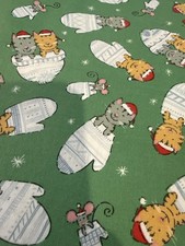 Holiday Christmas Cat Fabric Festive Cute Kittens In Mittens Santa Hat Green 1.5