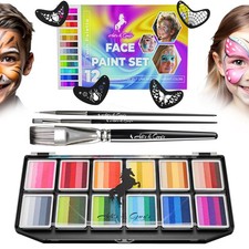 Face Paint Kit for Kids   Twin Palette with 12 Split Cake Colors, 3 Brushes ...