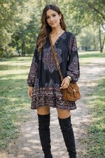 Free People XS Black & Purple Boho Mini Tunic Dress Long Poof Sleeve Rayon