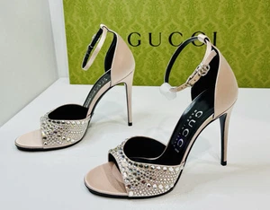 Sandales Gucci GG cristal orné strass talons rose satin pointure 37,5