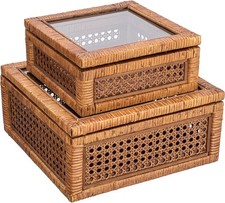 Creative Co-Op Modern Decorative Square Woven Rattan and Wood Dark Brown