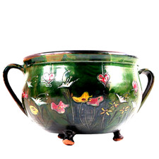 Arts Crafts Pottery Cauldron Vase Embossed Flowers Signed L28cm Circa 1890