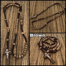 Handmade Brown Wooden Rosary Necklace   Catholic Prayer Beads   Unisex Natural