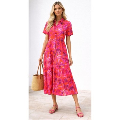 Vilagallo Eveline Tropical Pink Floral Button Front Midi Dress Resort Vacation