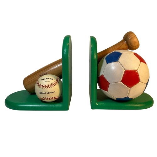 Vintage Inmon Ent Sports Bookends Kids Room Baseball Bat Soccer Ball Green Set