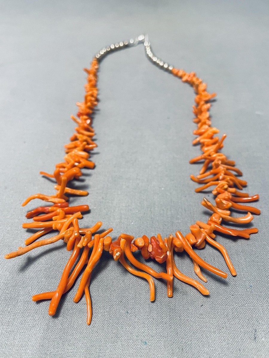 Native American Astonishing Vintage Santo Domingo Coral Sterling Silver Necklace Native American Astonishing Vintage Santo Domingo Coral Sterling Silver Necklace