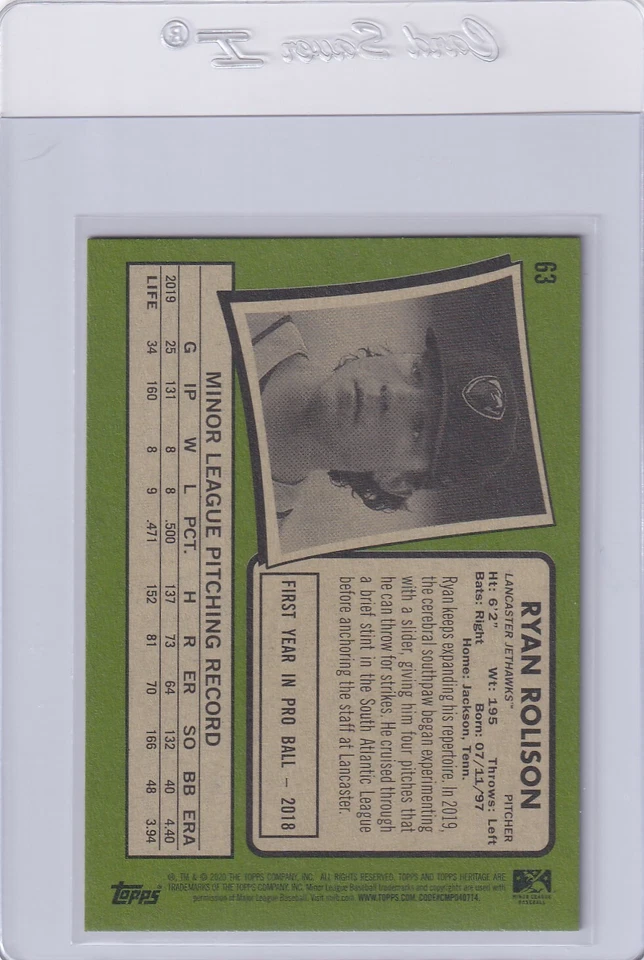 2020 TOPPS HERITAGE RC RYAN ROLISON COLORADO ROCKIES MINOR LEAGUES E6247-4 - Image 2 of 2