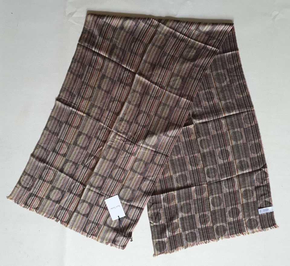 BUFANDA PAUL SMITH LANA DE SEDA FIRMA CÍRCULO CUADRADO LIBERTAD NUEVA CON ETIQUETAS PRECIO DE VENTA SUGERIDO POR EL FABRICANTE £175 Foto 4 de 4