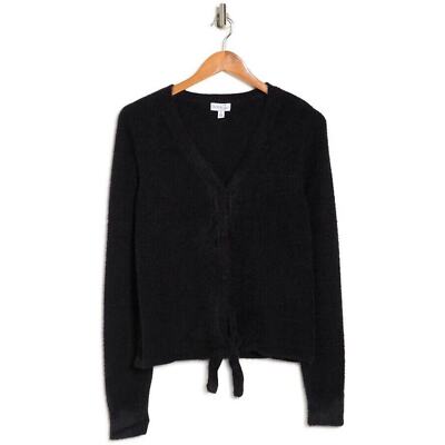 OLIVIA SKY NEW $59 Tie Front Long Sleeve Eyelash Cardigan Sweater Black Small