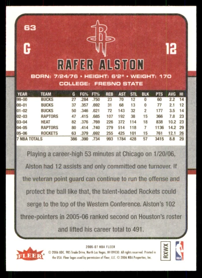 Fleer: Rafer Alston 101 Houston Rockets #63 2006-07 Foto 2 de 2