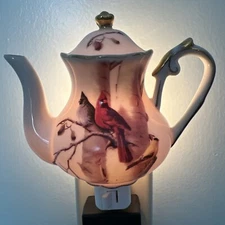 Teapot Nightlight Cardinal Blue Jay Finch Good Condition 4” High 5 Wide