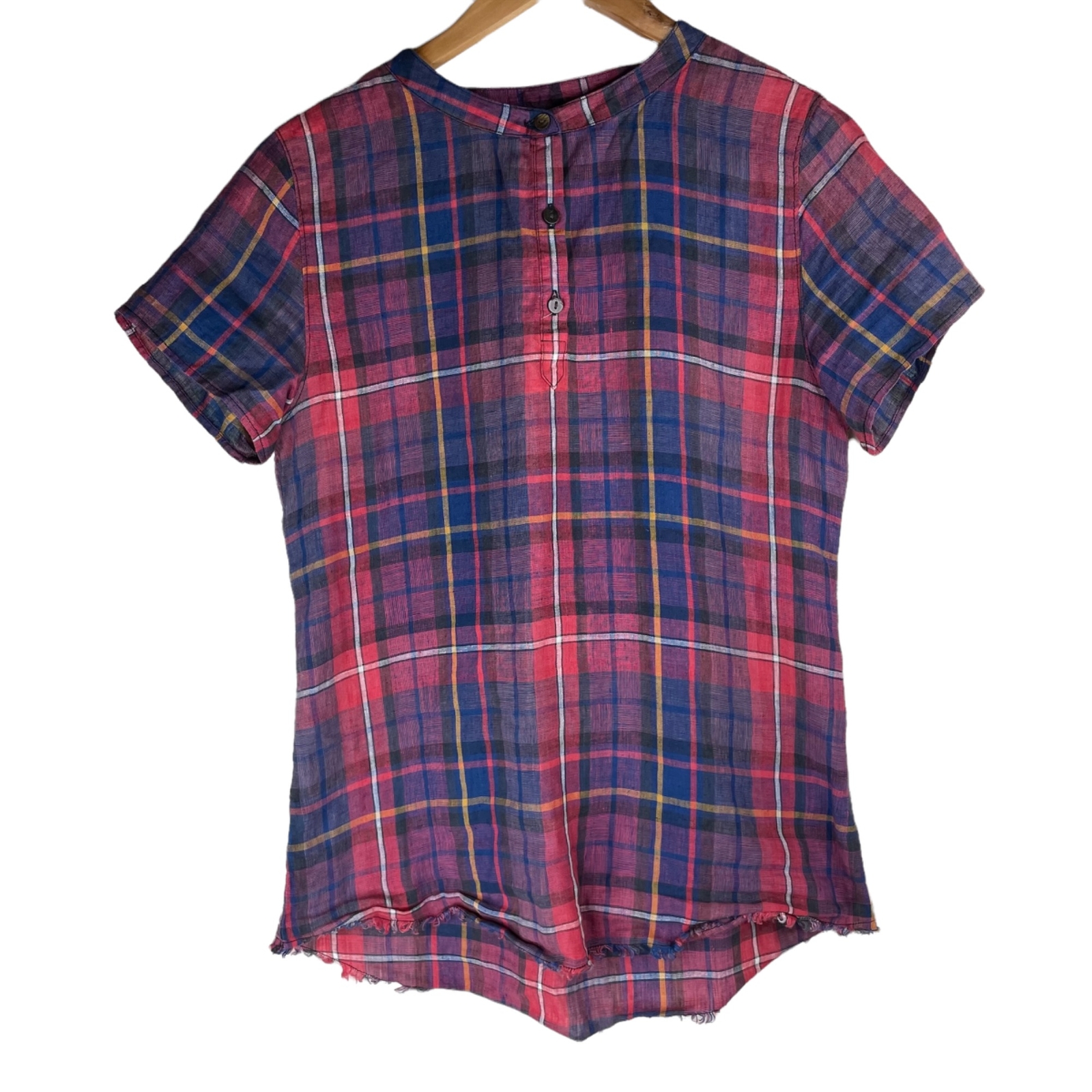 Carbon2Cobalt Plaid Linen Top Short Sleeve Raw Hem Red & Blue Casual