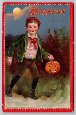 Postcard Halloween Boy Trick or Treating Carrying JOL Lantern Moon Tuck