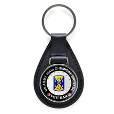 US Army 464th Chemical Brigade Veteran Black Leather Keychain Silver Keyring