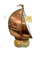 1975 John & Don Demott Signed Brass Sailboat Statue copper steel, onyx Mcm Decor