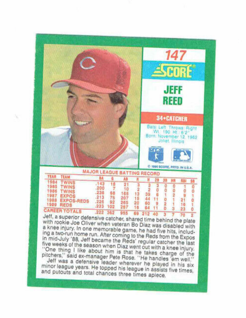 Jeff Reed Cincinnati Reds #34 Catcher #147 Score 1990 Baseball Card | eBay