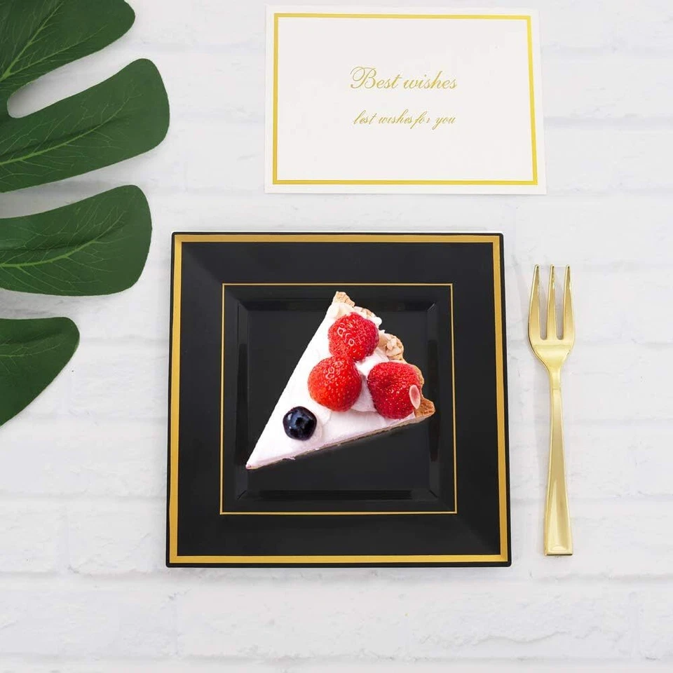 bUCLA 100PCS Black Square Plastic Plates with Gold Rim - 6 inch Disposable Cake - Image 3 of 4