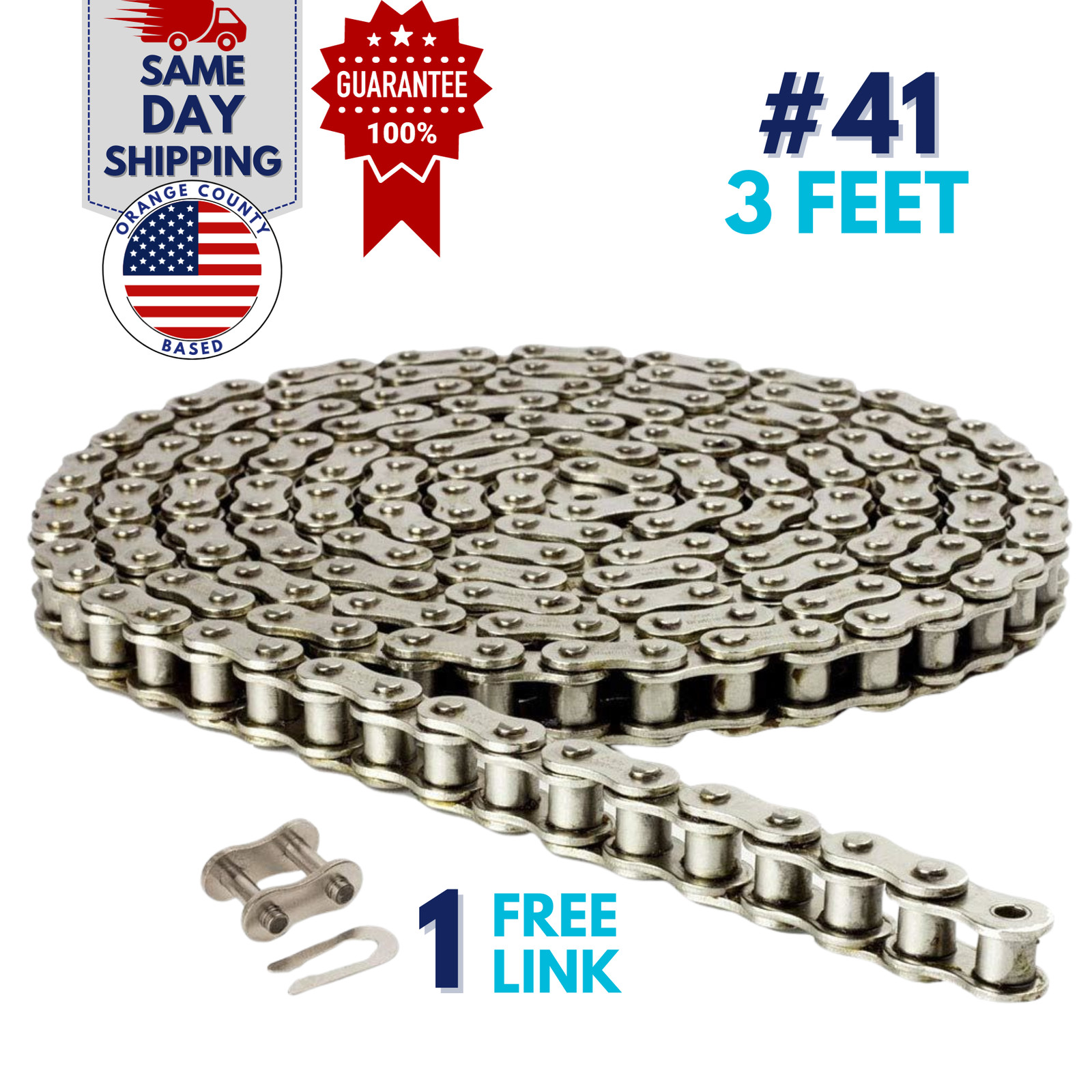 #41NP Nickel Plated Roller Chain 3 Feet with 1 Connecting Link Anti-Corrosion