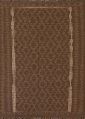 Brown Reversible Kilim Geometric Oriental Area Rug 5'x6' Hand-woven Wool Carpet