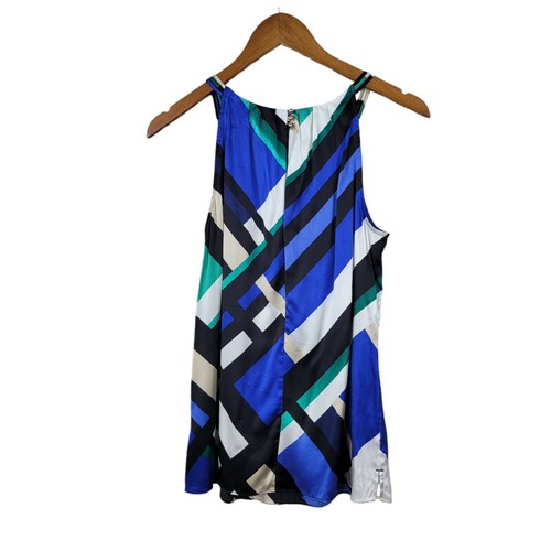 White House Black Market Silk Size 8 Shirt Top event party career Geometric Blue - Picture 4 of 7