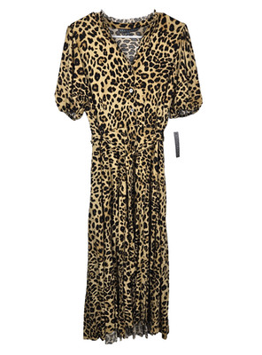 Sharagano Women's Size 10 Leopard Print Pleated Ruffled Tie Waist Dress NWT