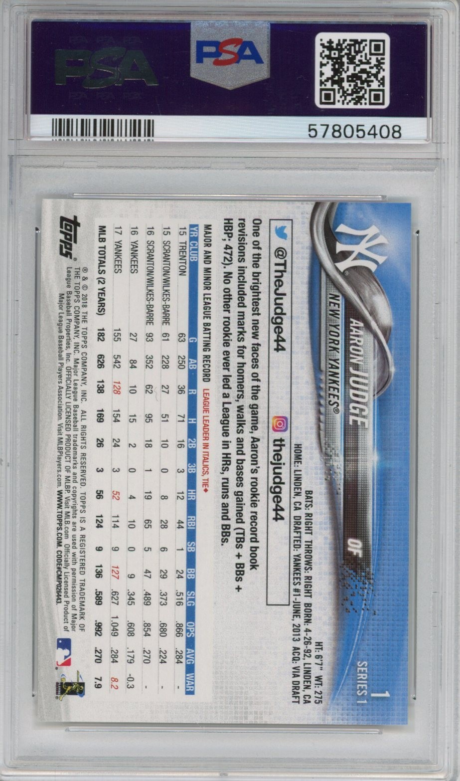 2018 Topps #1 Aaron Judge Blue Jersey Photo Variation PSA 10 view 2