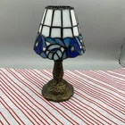 Tea Candle lamp w/ Tiffany style leaded stained glass shade, vintage. Blue&White