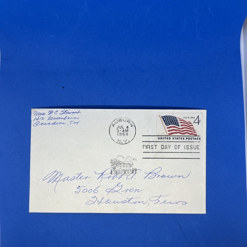 First Day Of Issue July 4 1959 Auburn NY Flag USA Vintage Stamp Envelope Cover