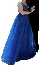 Ellie Wilde Mon Cheri Blue Sapphire Glitter Lace Gown sz 8 Prom Formal