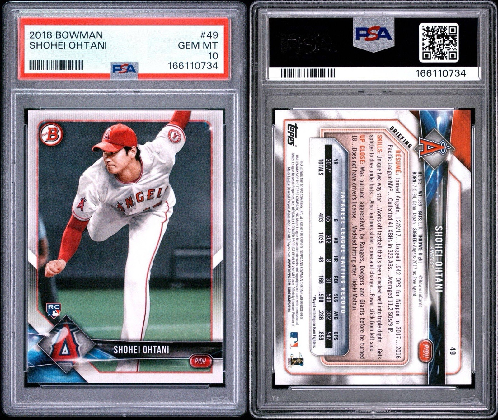 2018 Bowman Shohei Ohtani RC Rookie #49 PSA 10 - Gem Mint view 3