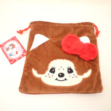 Monchhichi x Hello Kitty Face Drawstring Pouch Plush Bag Japan Exclusive NEW