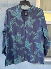 Denim & Co. Cotton Embroidered Button Front Long Sleeves Top Size L