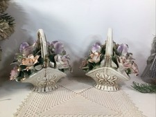 Capodimonte Style Pair Of Porcelain Baskets With Porcelain Flowers  8  x 8  