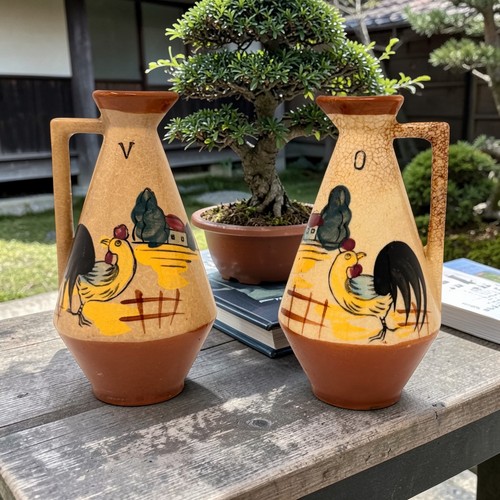 Vintage Hand Painted Rooster Oil and Vinegar Cruets Set Mid Century Farmhouse 5"