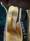 CHANEL Gold Glitter Slingback Block Heel Cap Toe Logo Women's Heels US 8.5 — photo 4